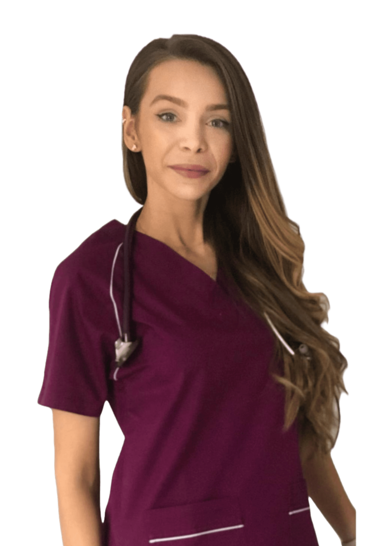 Doctoriță cu fonendoscop, îmbrăcată în uniformă medicală.