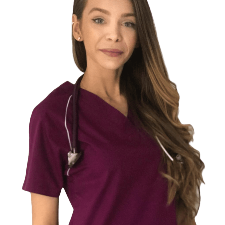 Doctoriță cu fonendoscop, îmbrăcată în uniformă medicală.